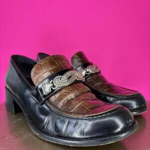 Vintage Brighton Brown Croc Embossed Black Leather Silver Hardware Loafer US 8